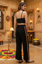 Black Cotton Kutchi Mirror Halter Top and Side-Striped Pant Set