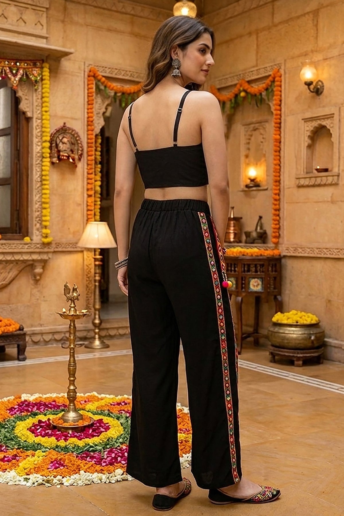 Black Cotton Kutchi Mirror Halter Top and Side-Striped Pant Set