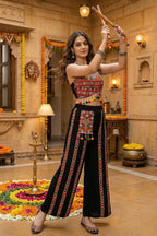 Black Cotton Kutchi Mirror Halter Top and Side-Striped Pant Set