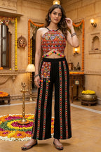 Black Cotton Kutchi Mirror Halter Top and Side-Striped Pant Set