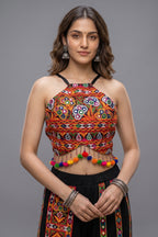 Black Cotton Kutchi Mirror Halter Top and Side-Striped Pant Set