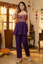 Purple Georgette Kutchi Mirror Work Peplum Top