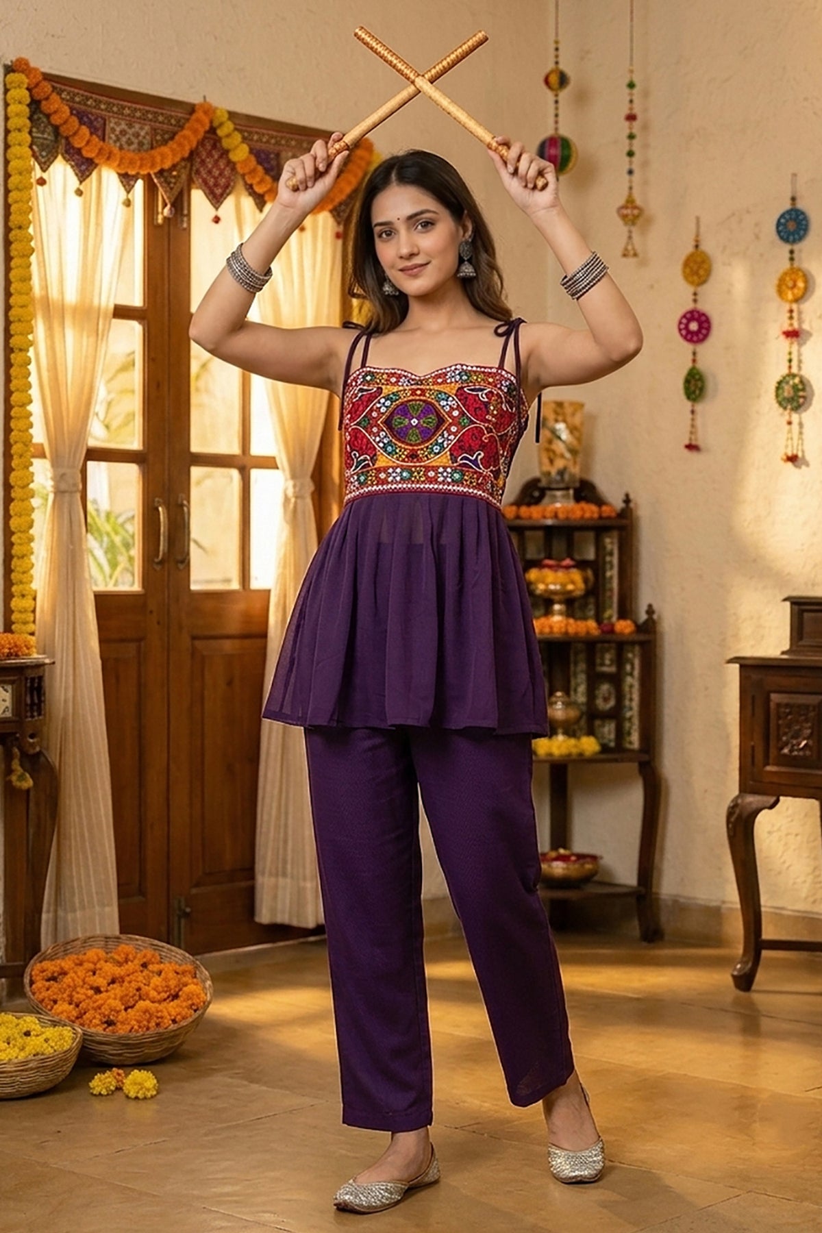 Purple Georgette Kutchi Mirror Work Peplum Top