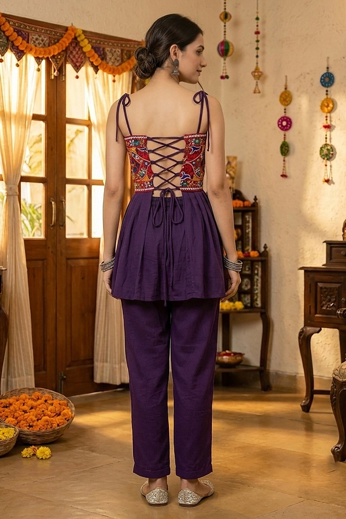 Purple Georgette Kutchi Mirror Work Peplum Top