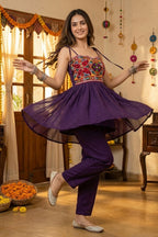 Purple Georgette Kutchi Mirror Work Peplum Top
