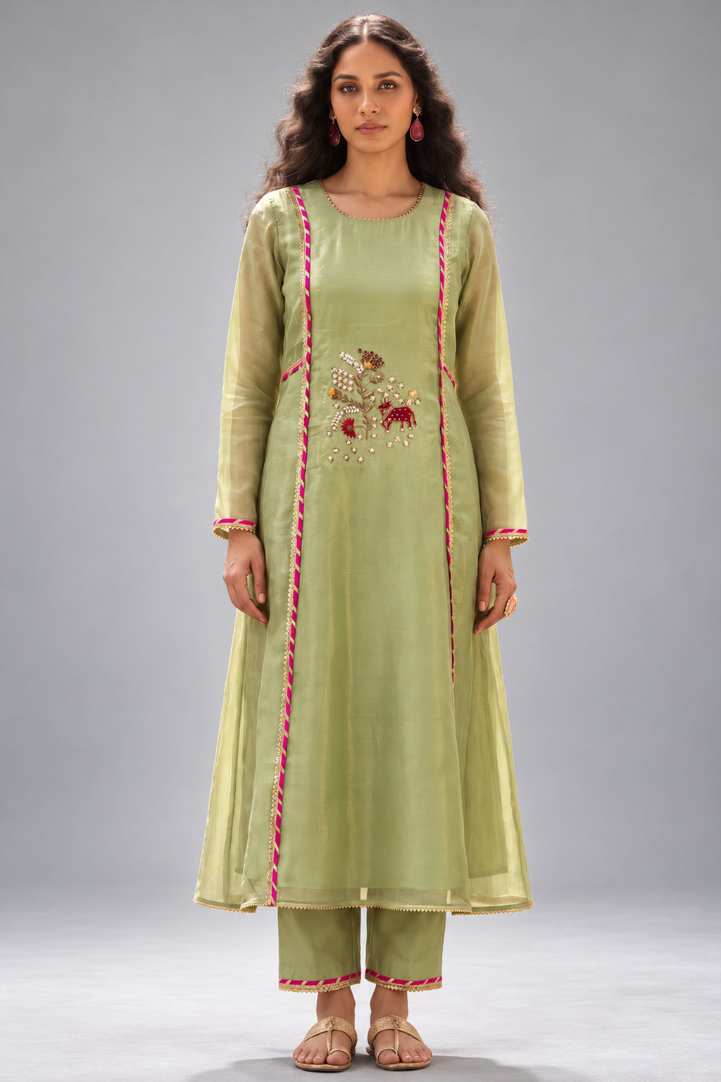 Dusty Pink Tissue Kurti with Twin Elephant Motif Embroidery