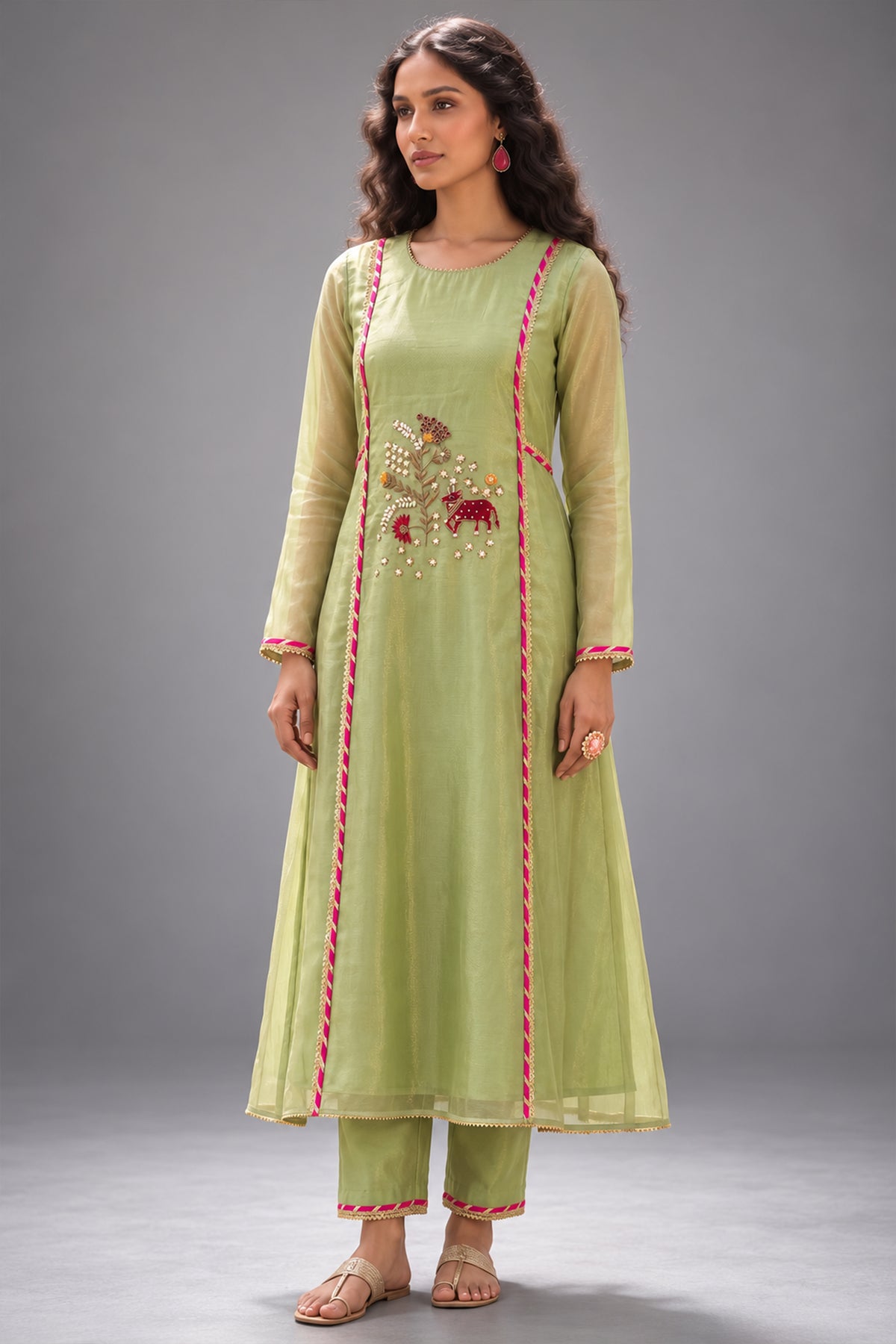Pistachio Green Tissue Kurti with Floral Embroidery