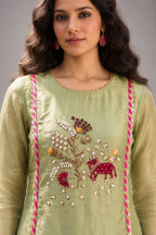 Pistachio Green Tissue Kurti with Floral Embroidery