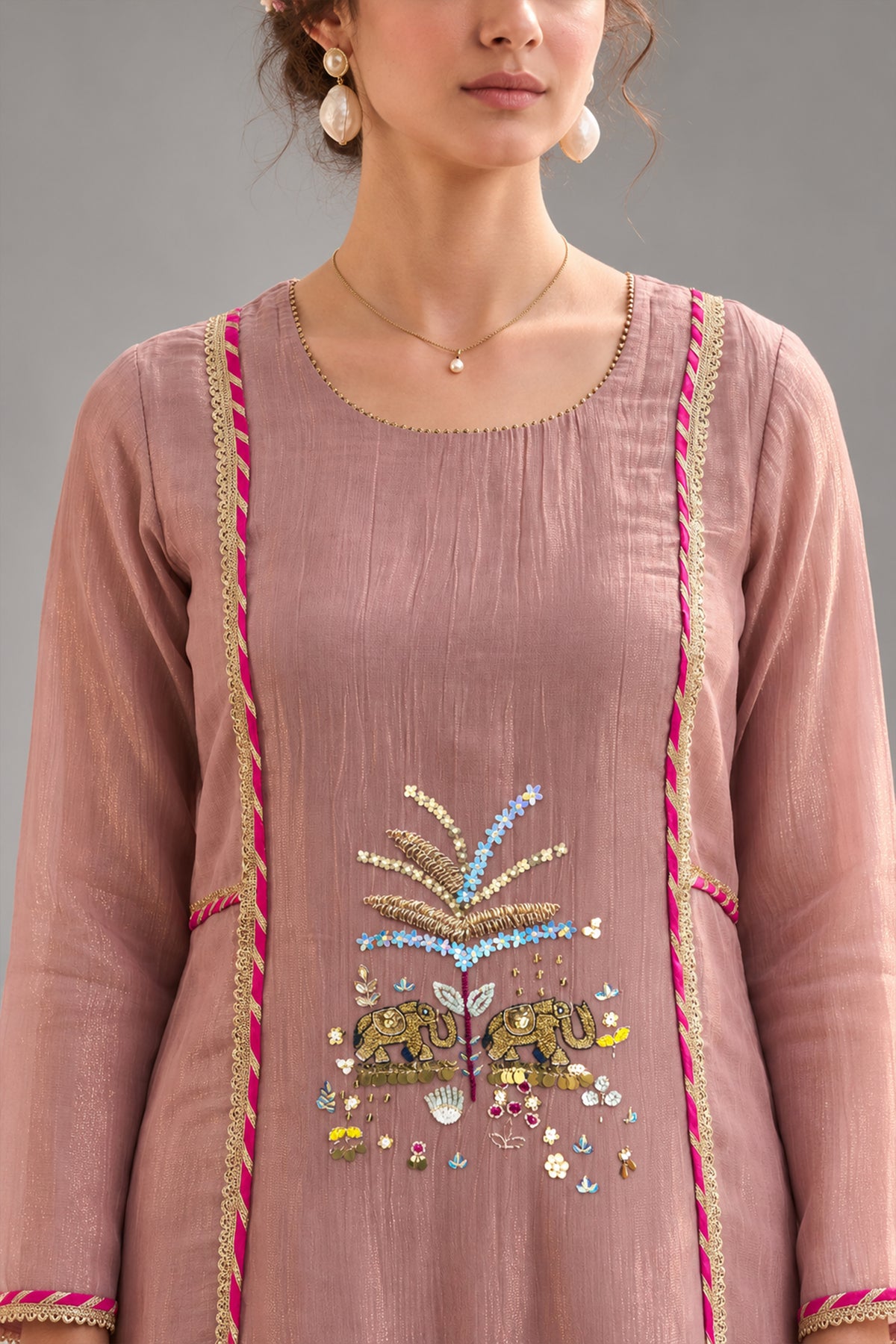 Dusty Pink Tissue Kurti with Twin Elephant Motif Embroidery