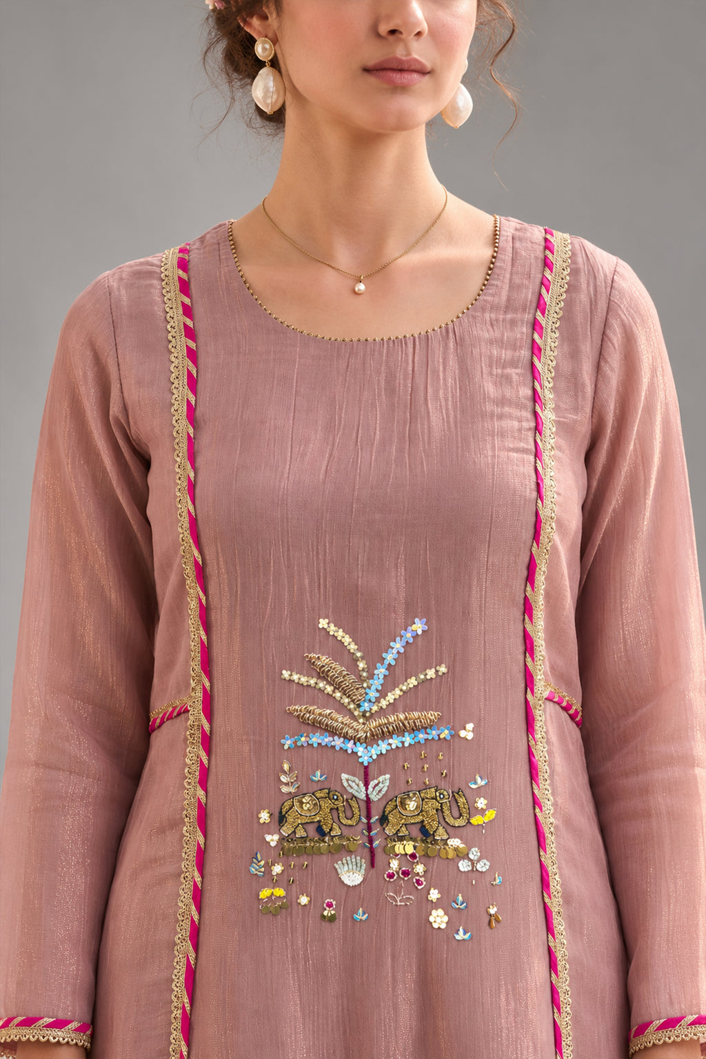 Dusty Pink Tissue Kurti with Twin Elephant Motif Embroidery
