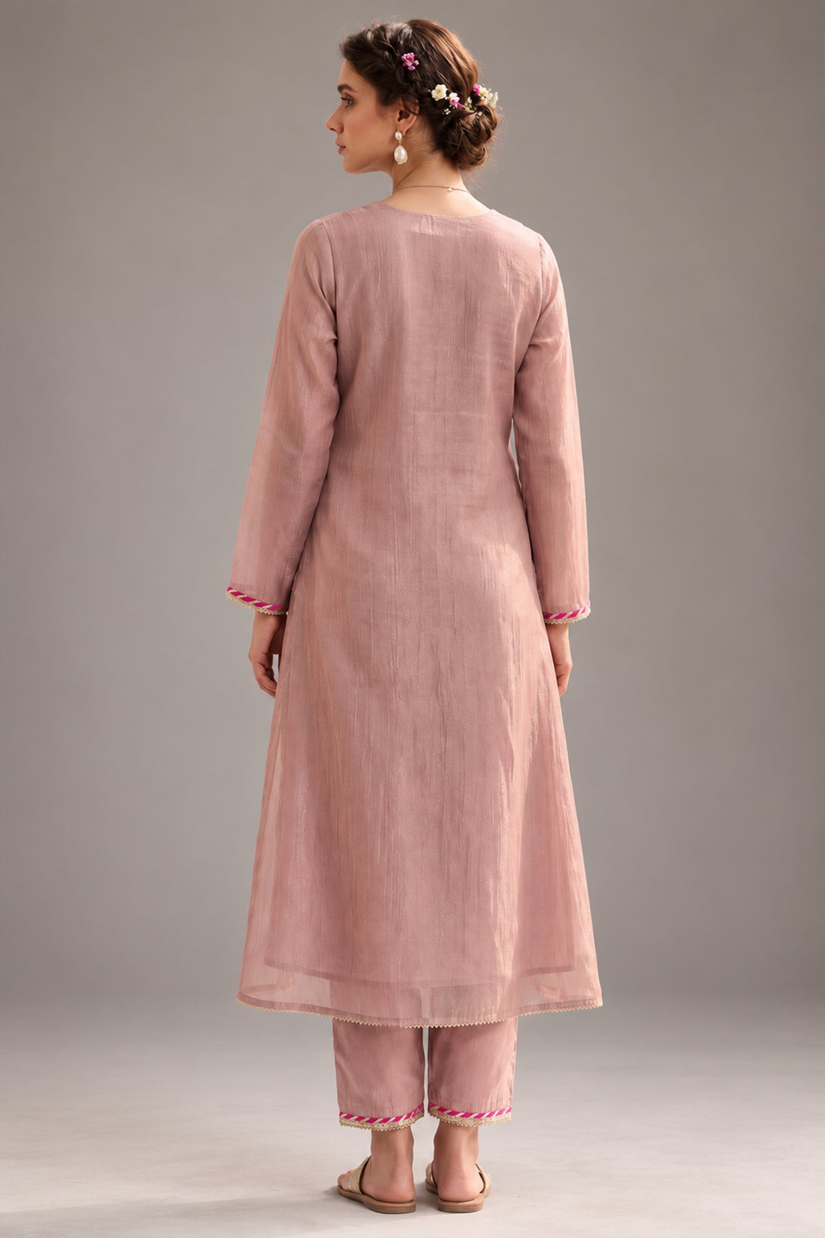 Dusty Pink Tissue Kurti with Twin Elephant Motif Embroidery