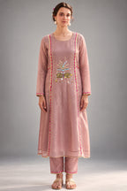 Dusty Pink Tissue Kurti with Twin Elephant Motif Embroidery