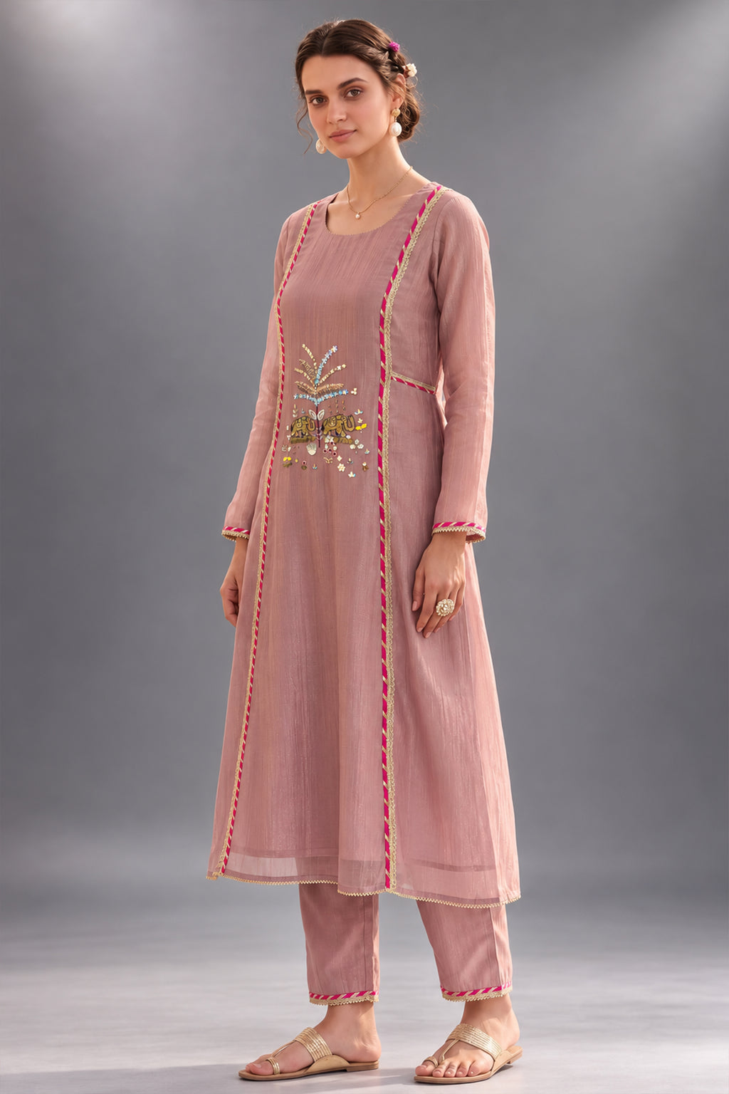 Dusty Pink Tissue Kurti with Twin Elephant Motif Embroidery