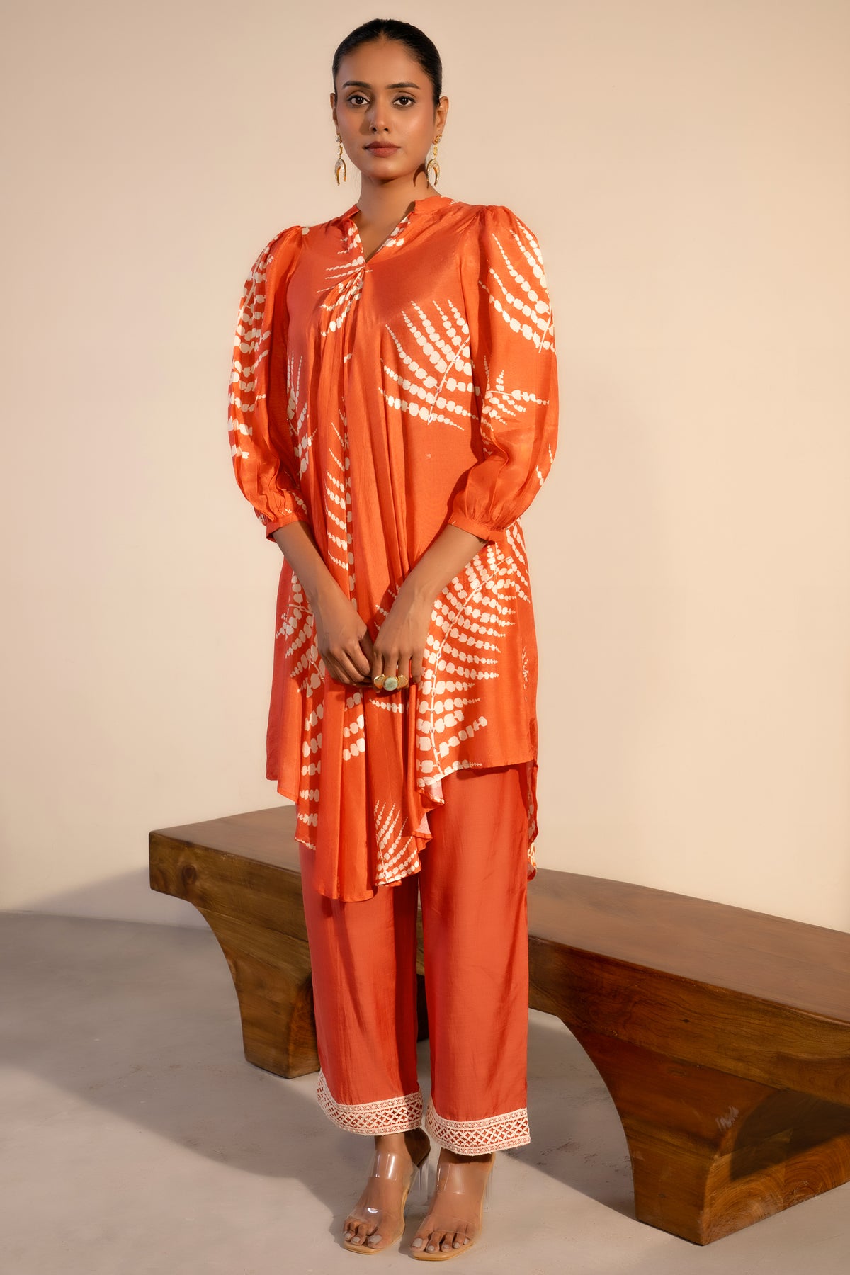 Orange Crepe Printed Kurti with Pant featuring a straight-cut silhouette