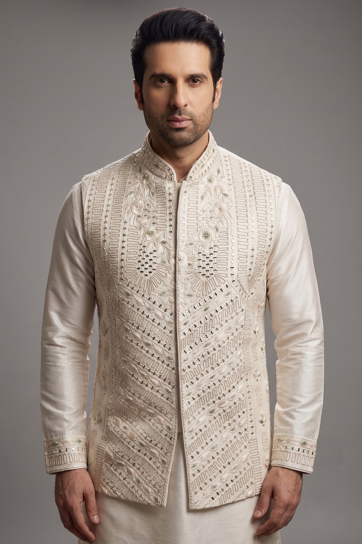 Kurta Pajama in Silk Mirror Embroidery Jacket - silk saree embroidery