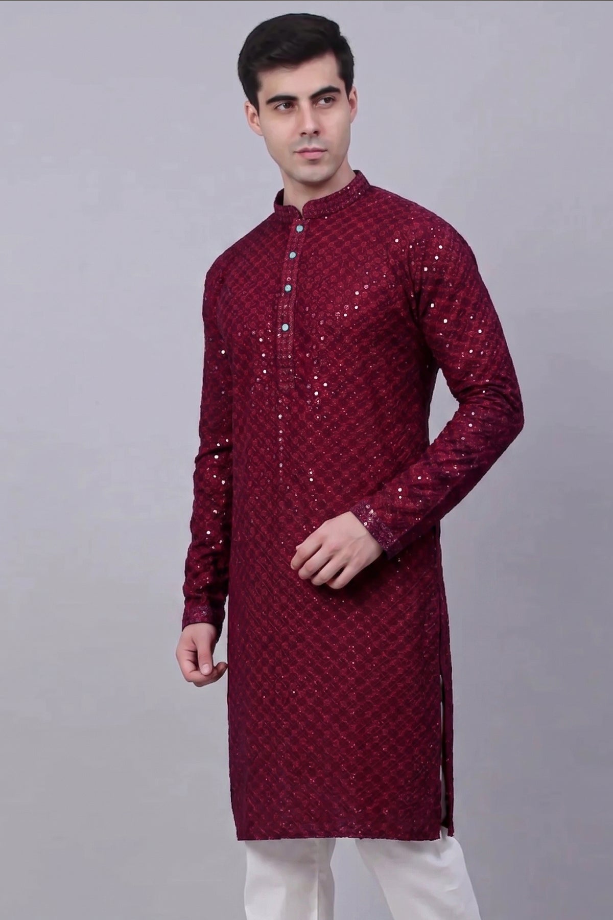 Maroon Sequin Embroidered Kurta Pajama in Rayon - red rayon saree embroidered