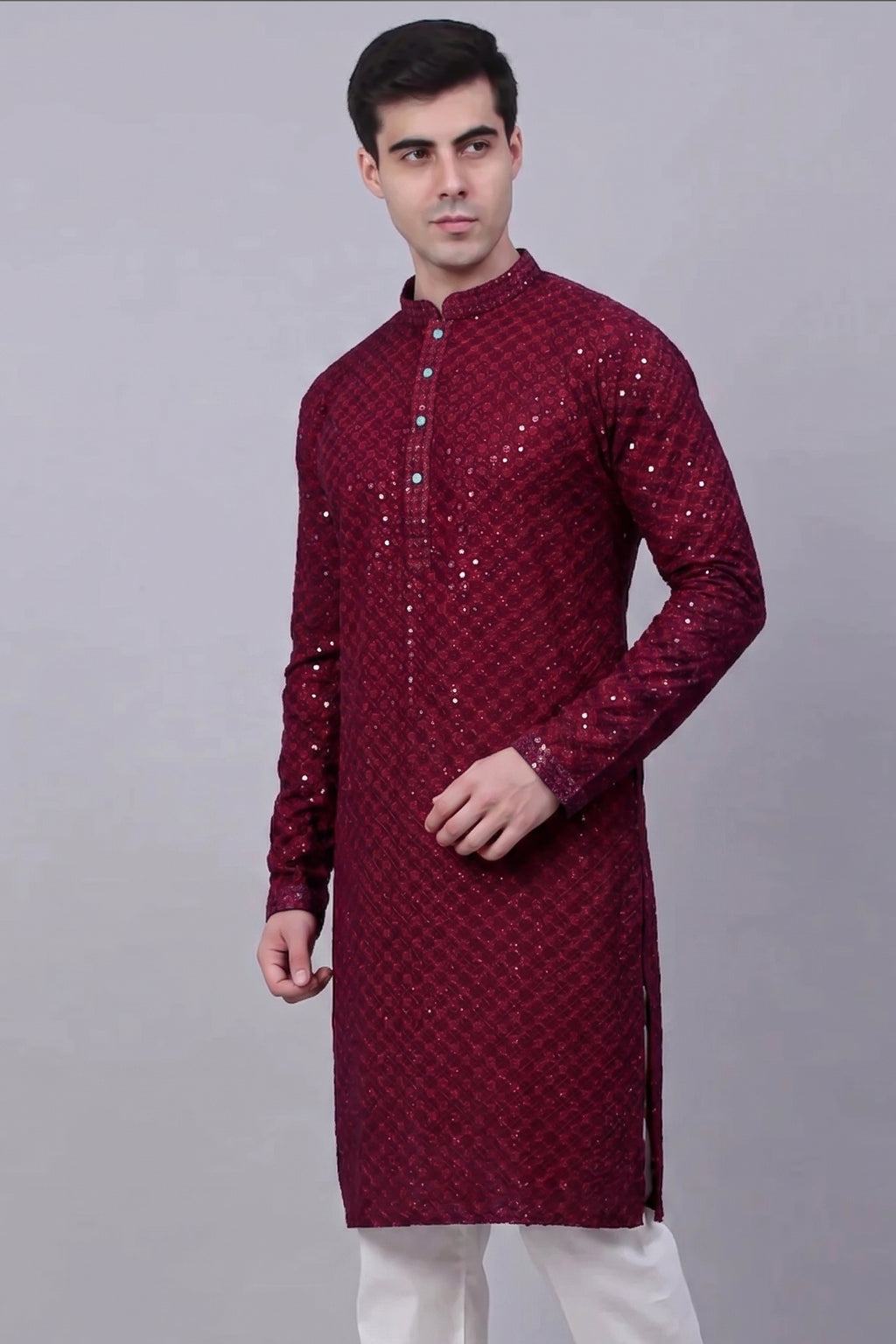 Maroon Sequin Embroidered Kurta Pajama in Rayon - red rayon saree embroidered