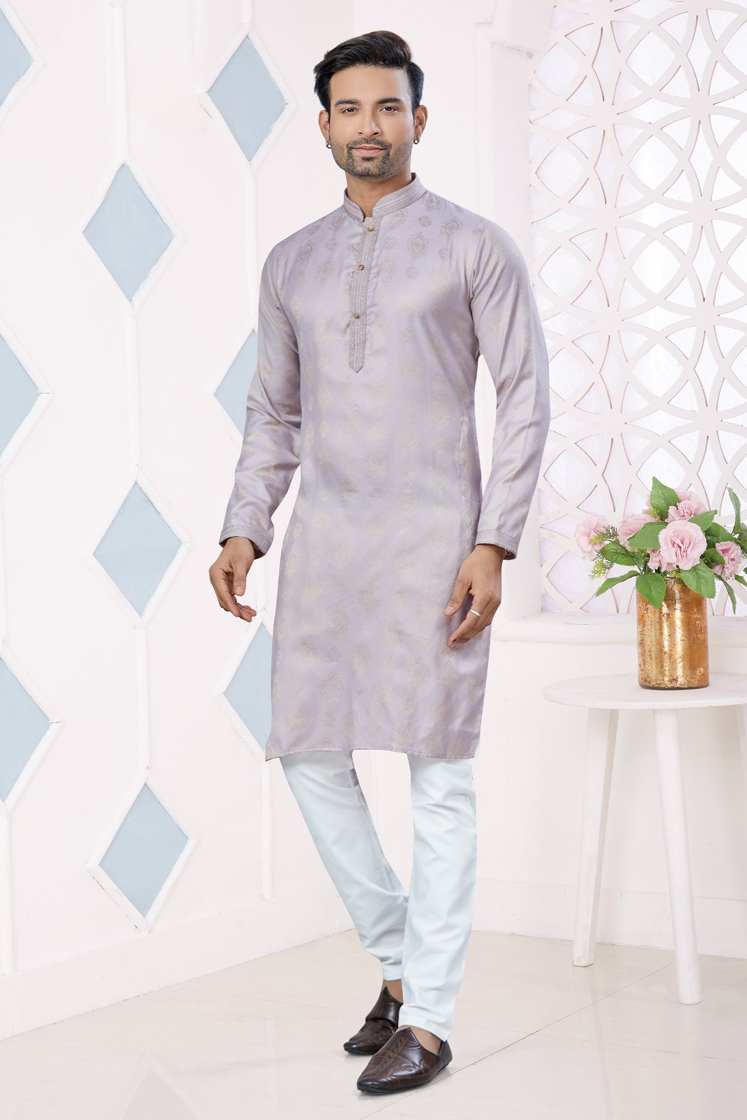 Light Purple Jacuquard Pintex and Weaving Work Kurta Pajama