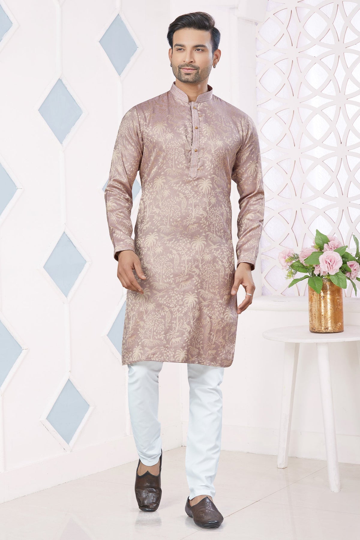 Peach Jacquard Pintex and Weaving Work Kurta Pajama
