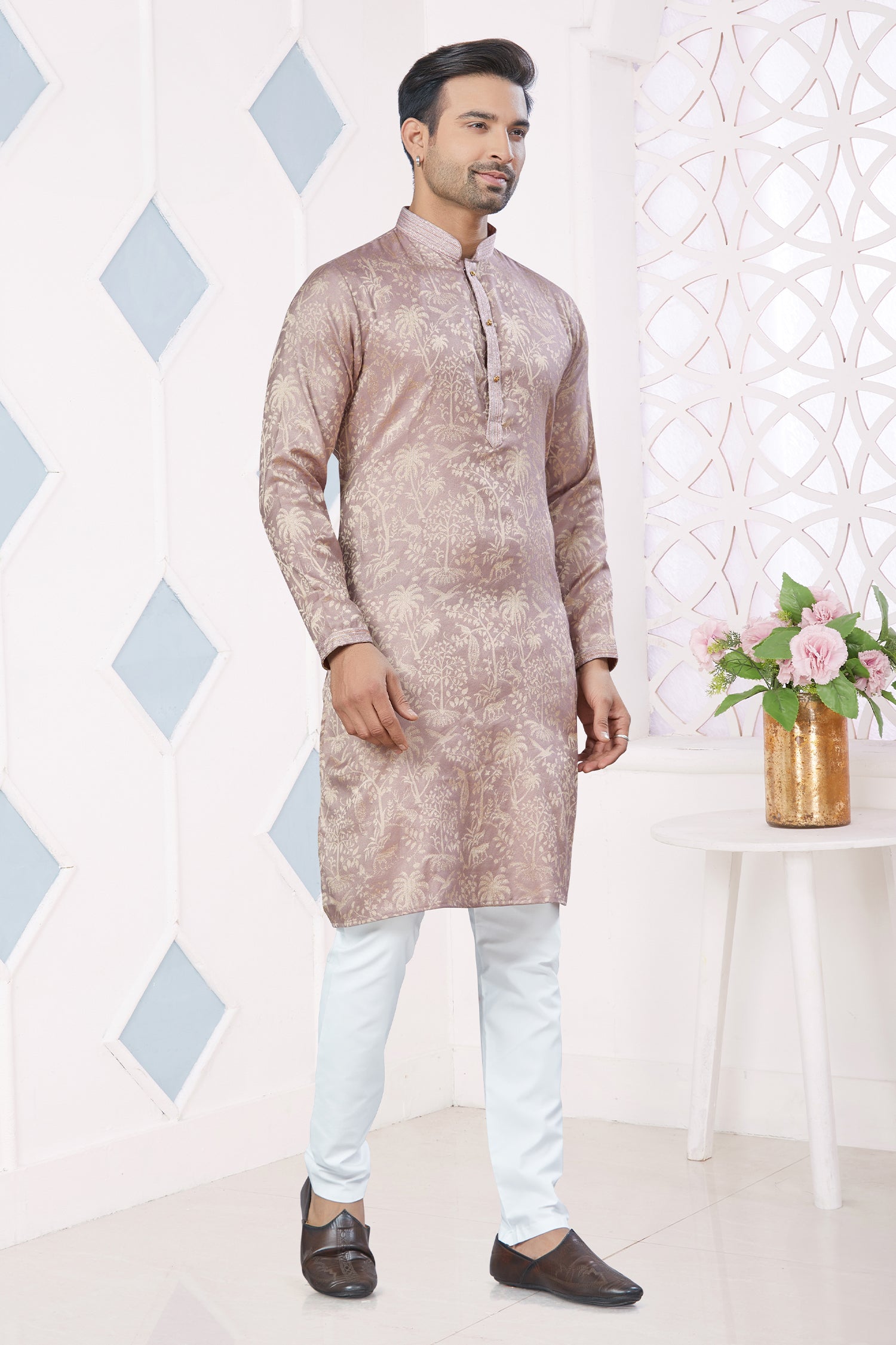 Peach Jacquard Pintex and Weaving Work Kurta Pajama
