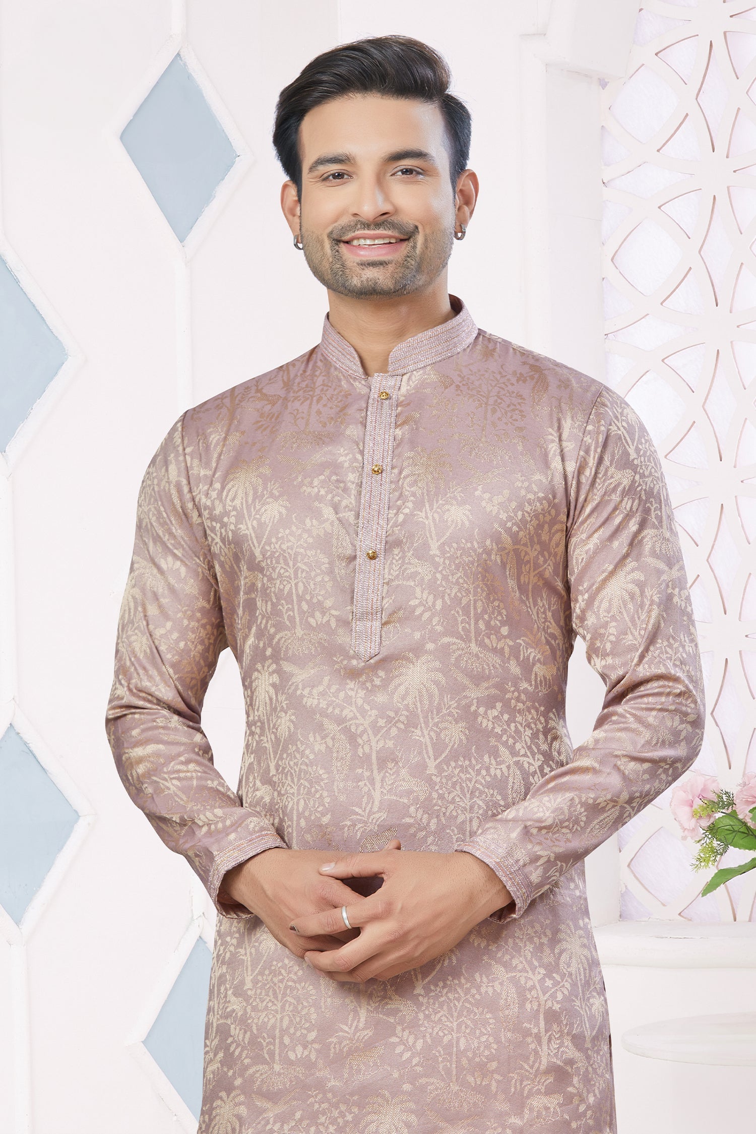 Peach Jacquard Pintex and Weaving Work Kurta Pajama