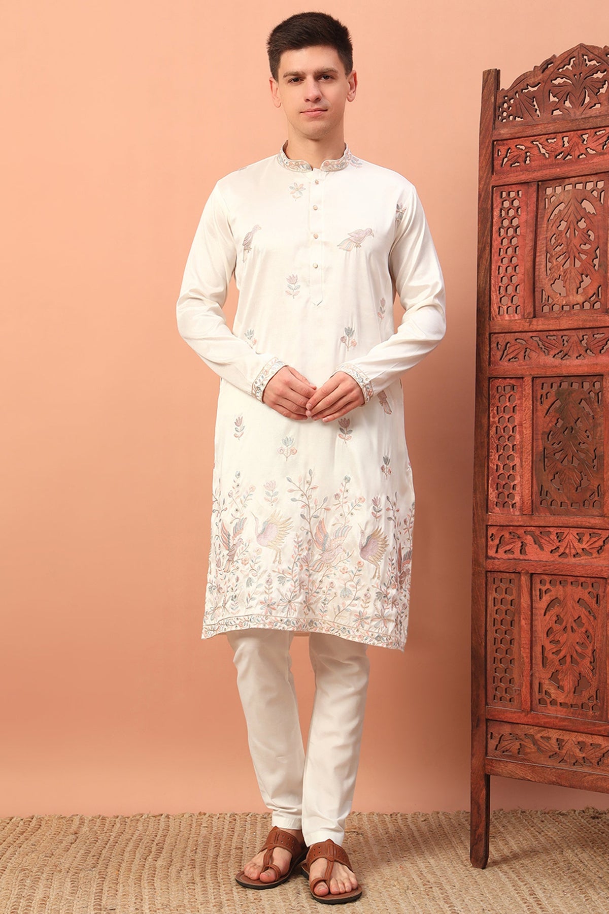 Silk Bird Motif Embroidered Kurta Pajama