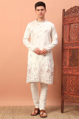 Silk Bird Motif Embroidered Kurta Pajama