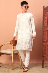 Silk Bird Motif Embroidered Kurta Pajama