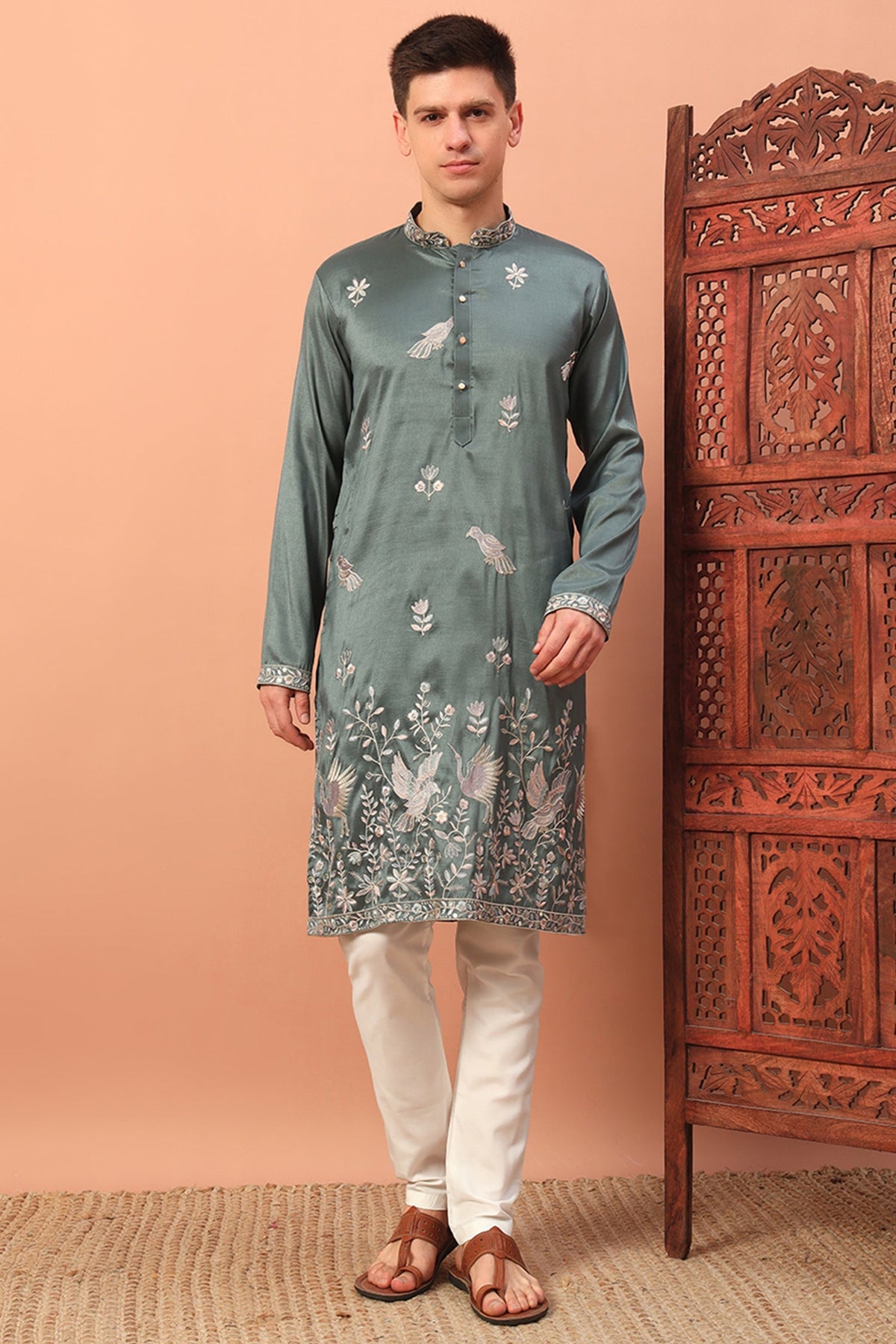 Silk Bird Motif Embroidered Kurta Pajama