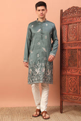 Silk Bird Motif Embroidered Kurta Pajama