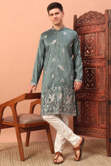 Silk Bird Motif Embroidered Kurta Pajama