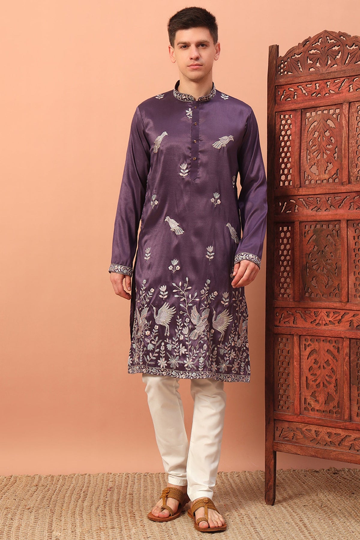 Silk Bird Motif Embroidered Kurta Pajama