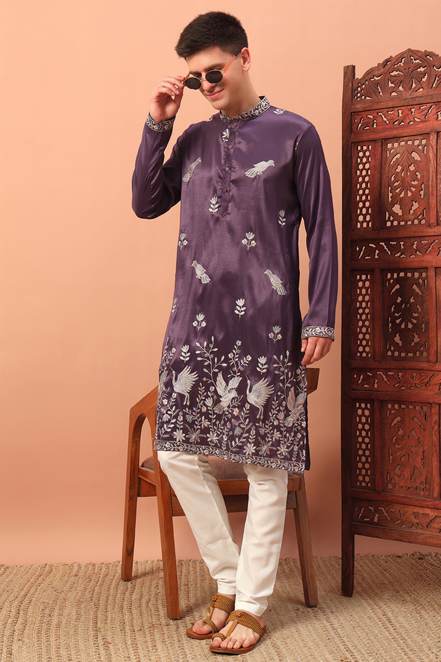 Silk Bird Motif Embroidered Kurta Pajama