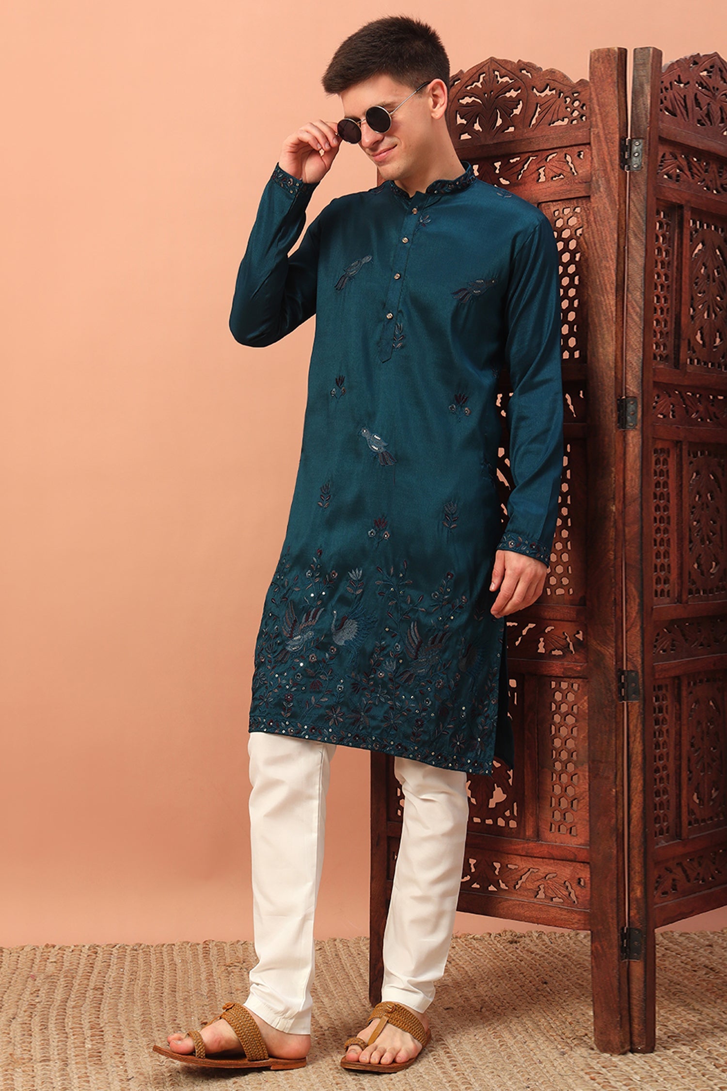 Silk Bird Motif Embroidered Kurta Pajama