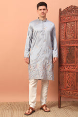 Silk Bird Motif Embroidered Kurta Pajama