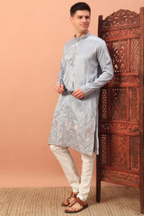 Silk Bird Motif Embroidered Kurta Pajama