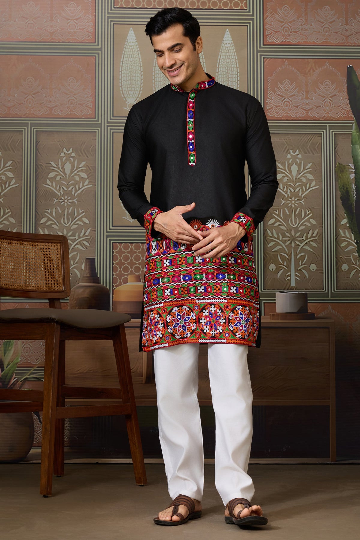 Black Cotton Silk Mirror Worked Kurta