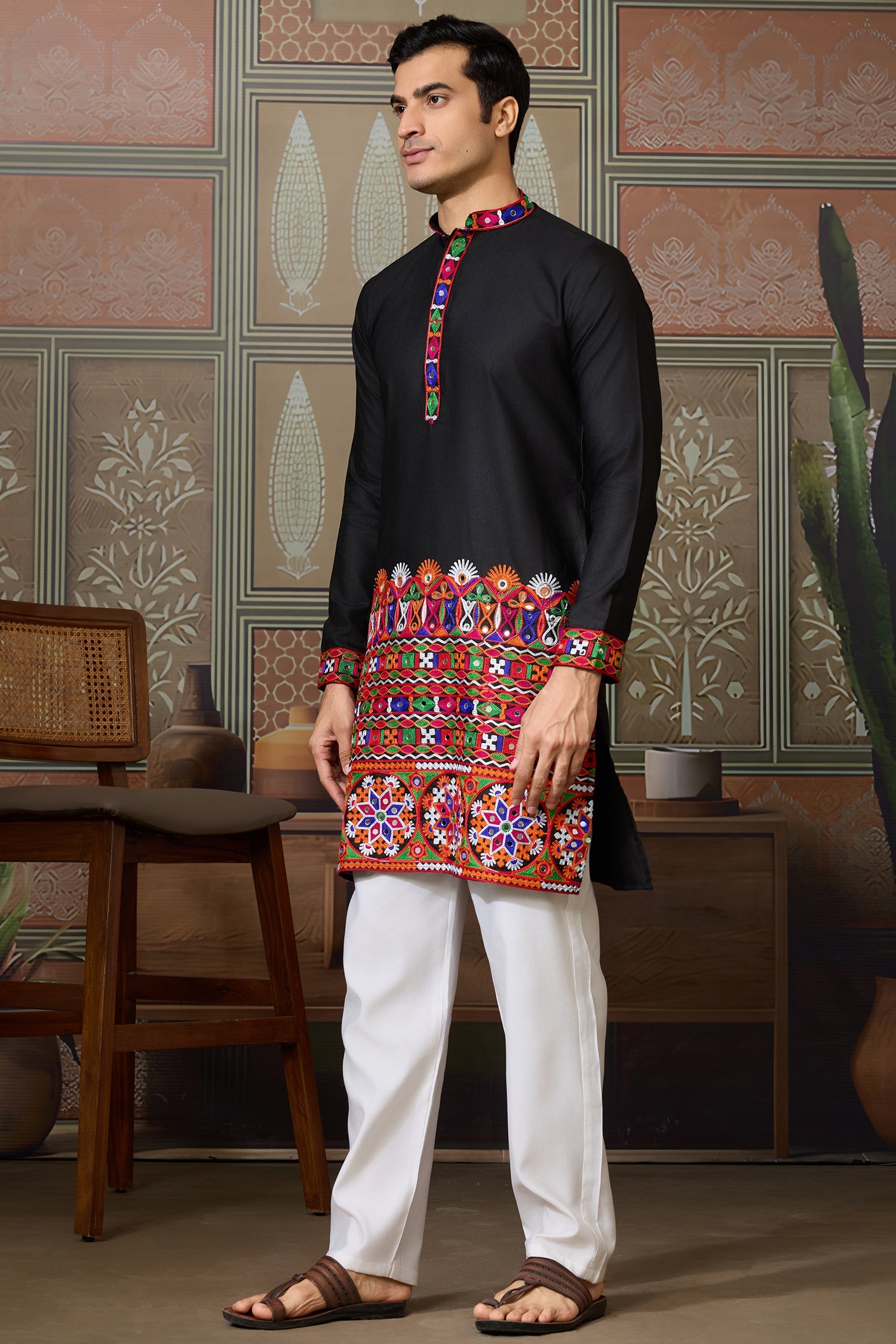 Black Cotton Silk Mirror Worked Kurta