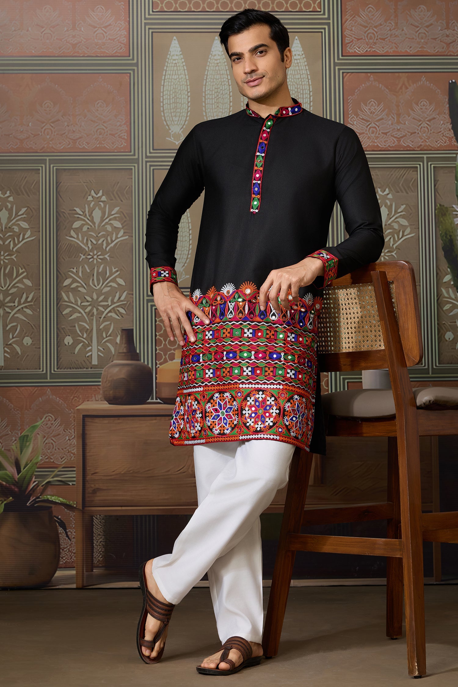Black Cotton Silk Mirror Worked Kurta