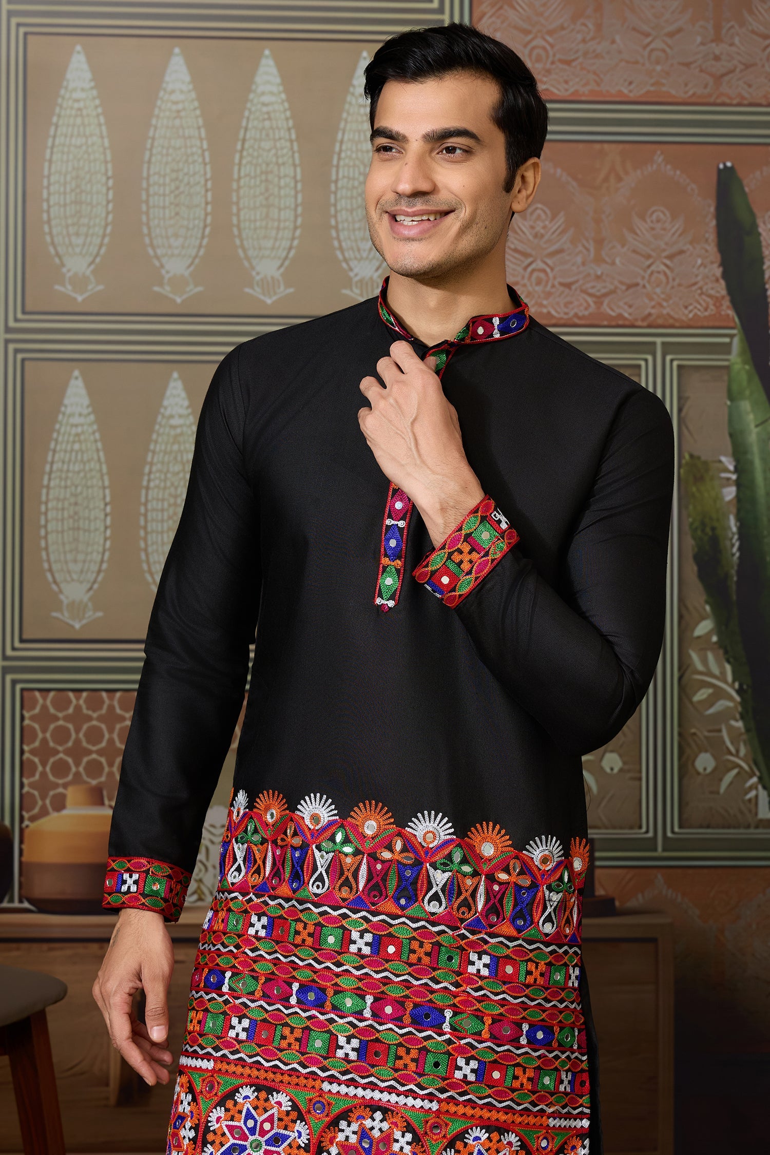 Black Cotton Silk Mirror Worked Kurta