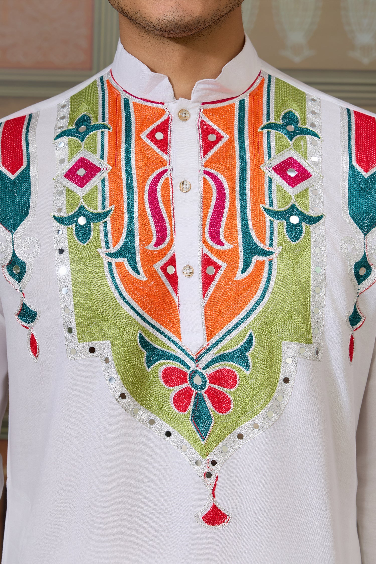Off White Cotton Silk Mirror Worked Kurta