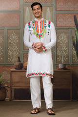 Off White Cotton Silk Mirror Worked Kurta