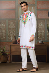 Off White Cotton Silk Mirror Worked Kurta