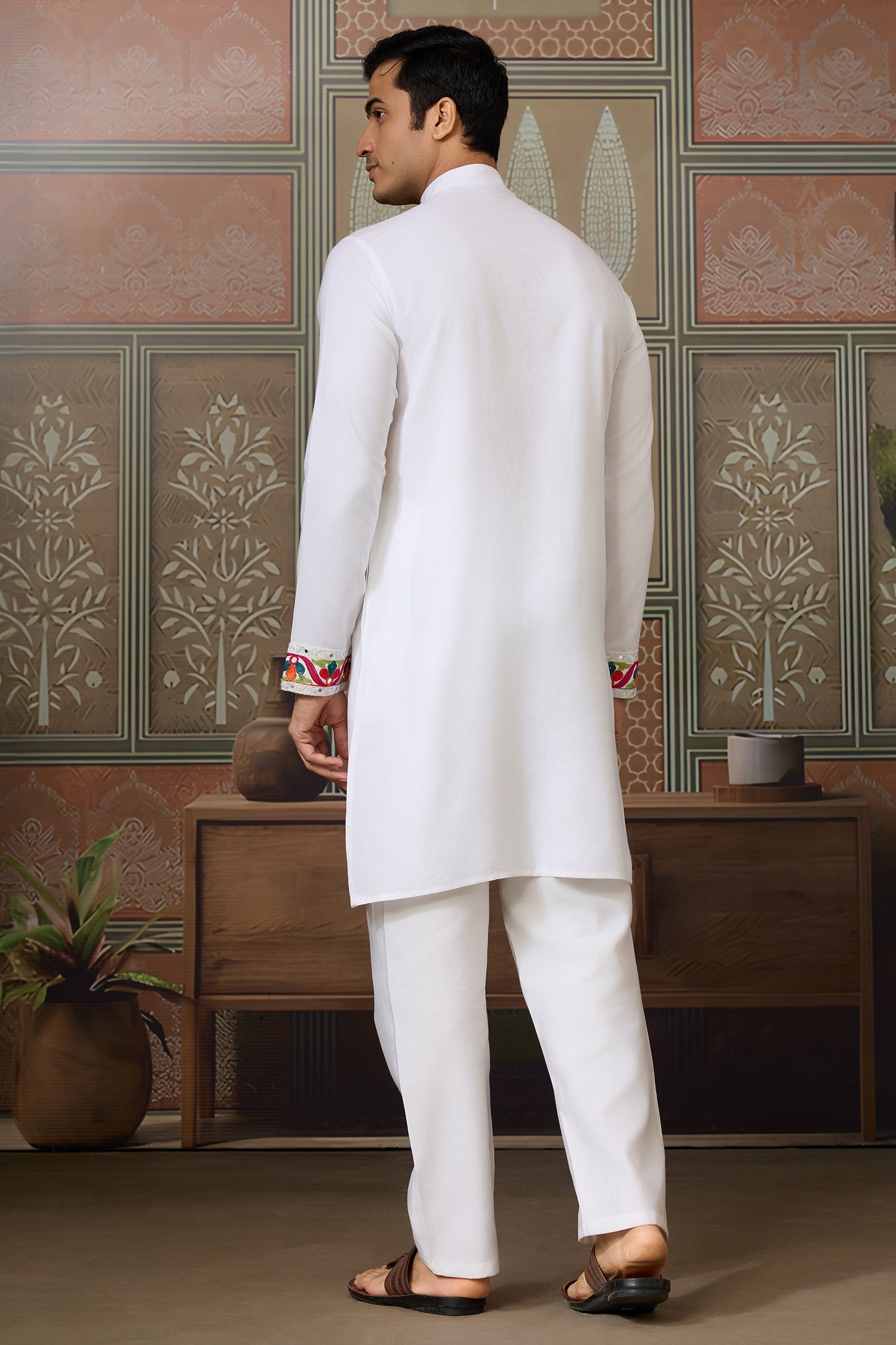 Off White Cotton Silk Mirror Worked Kurta