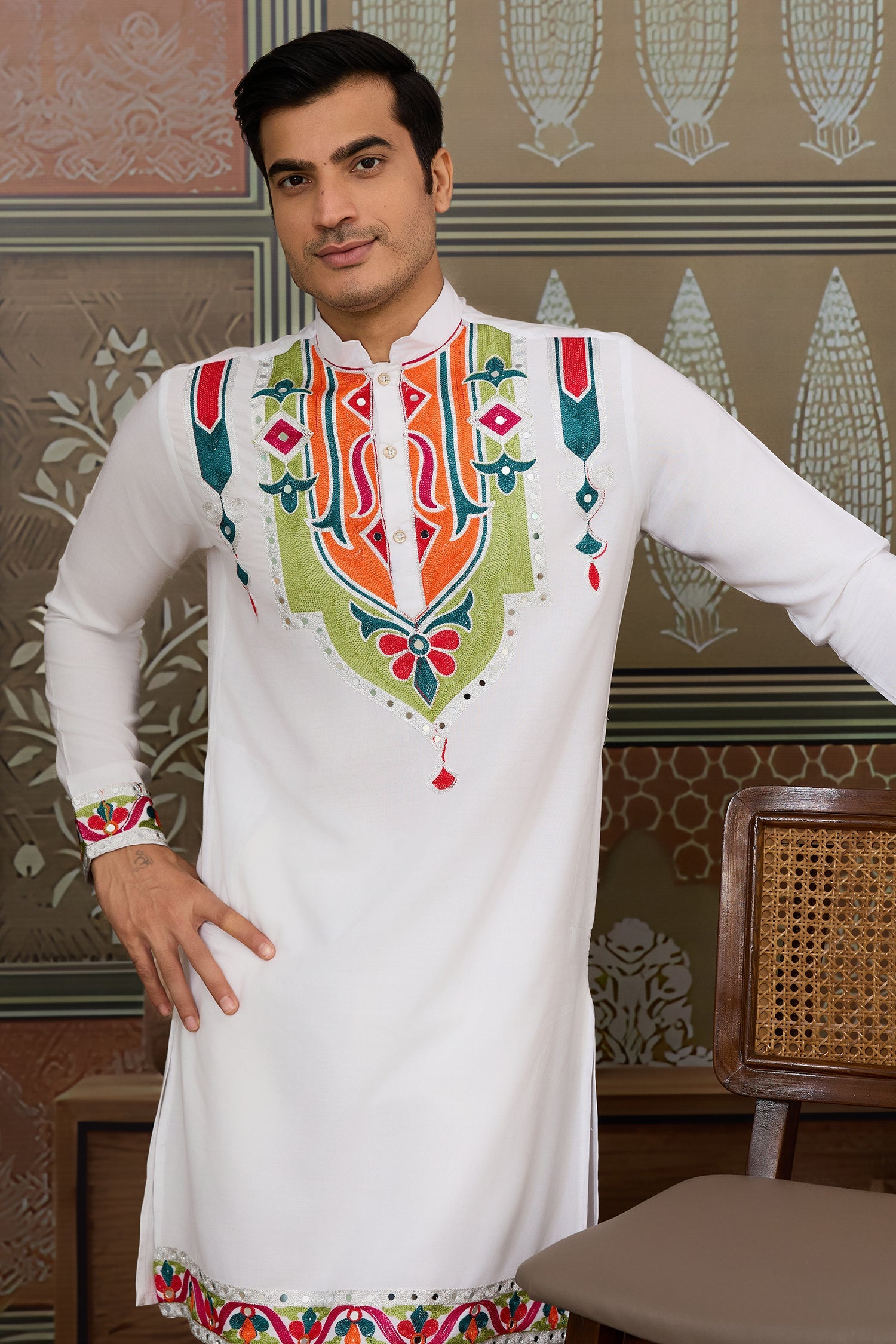 Off White Cotton Silk Mirror Worked Kurta