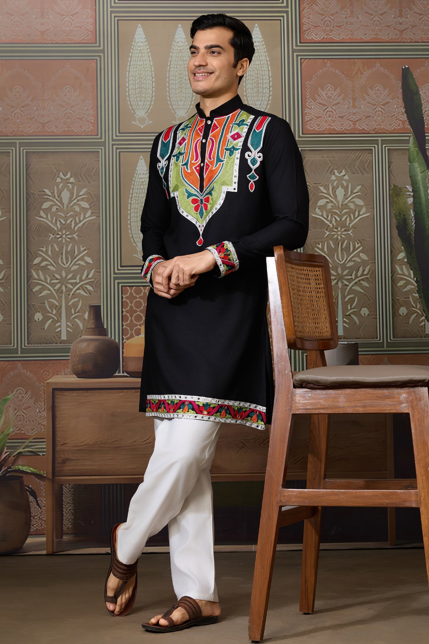 Black Cotton Silk Mirror Worked Kurta