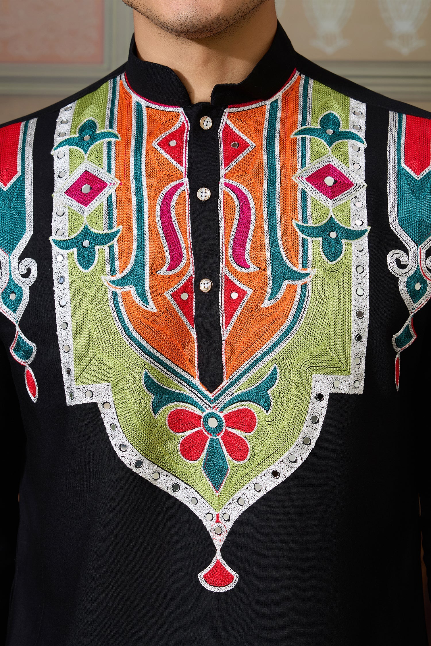 Black Cotton Silk Mirror Worked Kurta