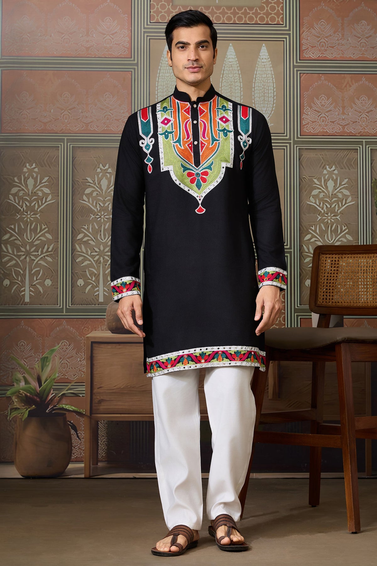 Black Cotton Silk Mirror Worked Kurta