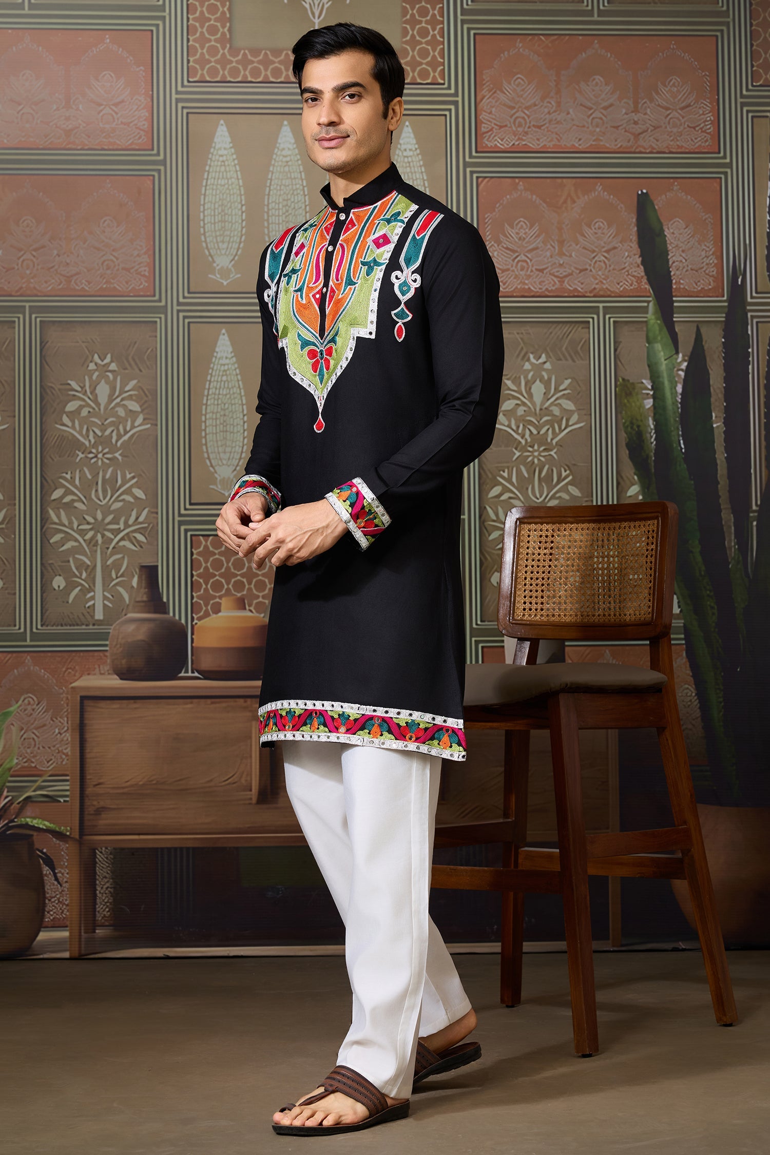 Black Cotton Silk Mirror Worked Kurta