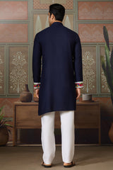 Navy Blue Cotton Silk Mirror Worked Kurta